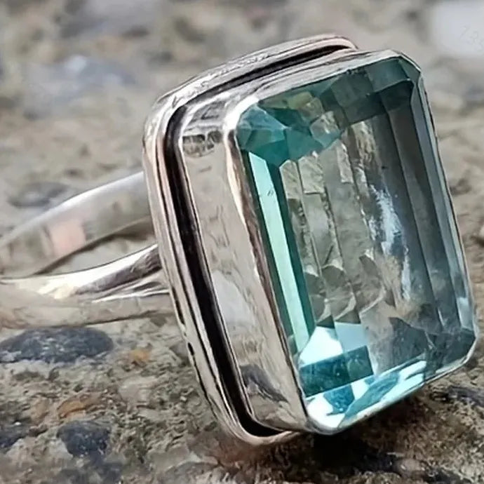 Fashionable Blue Square Cubic Zirconia Crystal Ring for Women Luxury Jewelry