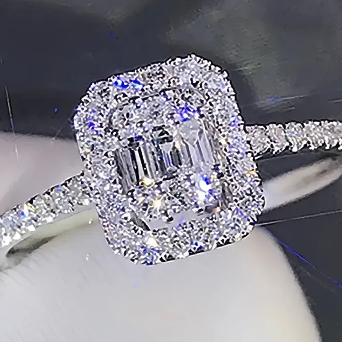Silver Cubic Zirconia Women’s Wedding Engagement Ring Brass Geometric Design