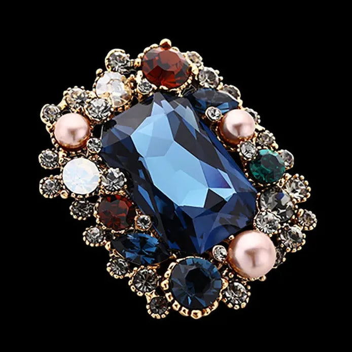 Retro Vintage Square Crystal Pearl Brooch Classic Geometric Pin