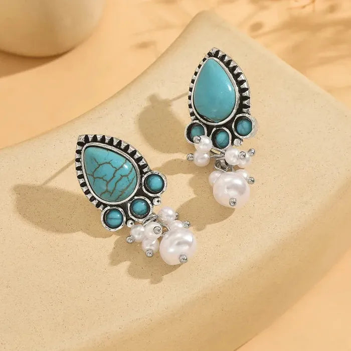 Bohemian Handmade Zinc Alloy Pearl Turquoise Pendant Drop Earrings for Women