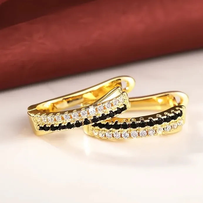 Gold Geometric Hoop Earrings for Women with White & Black Cubic Zirconia