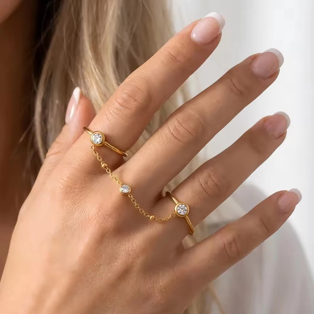 18K Gold Plated Zircon Double Round Chain Ring for Women Vintage Waterproof