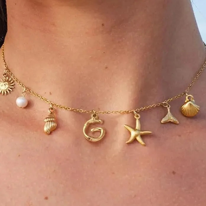 Copper Surfer Girl Seashell Initial Choker Necklace Beach Jewelry Gift