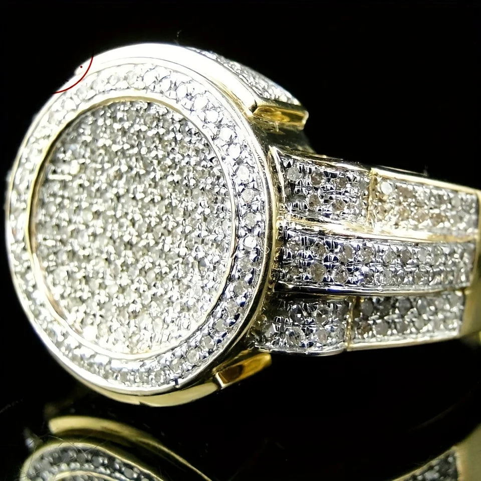 Men’s Iced Out Round Pinky Ring 925 Sterling Silver Gold Plated Hip Hop