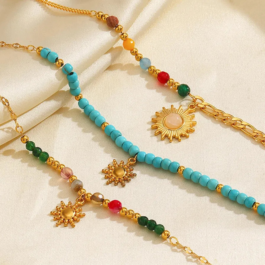 Boho Handmade Pink Opal Beads Necklace Stainless Steel Sun Pendant Chain Jewelry