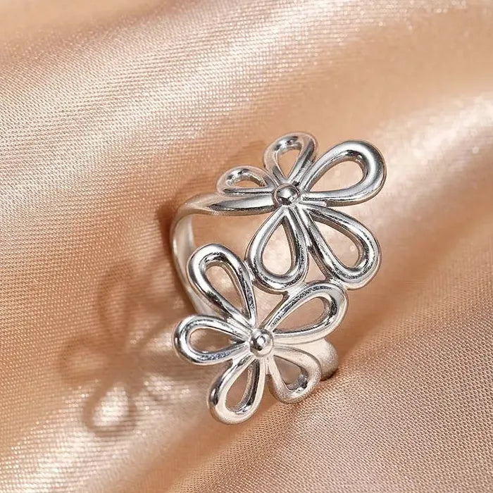 Adjustable Gold Color Stainless Steel Flower Ring Women Geometric Jewelry