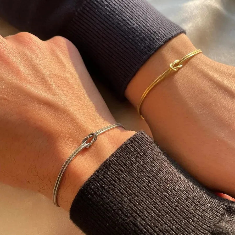 Gold & Silver Thin Snake Chain Couple Bracelet Stainless Steel Knot Unisex Bangle