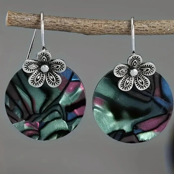 Handmade Vintage Bohemian Abalone Shell Round Drop Earrings Flower Charm Gift