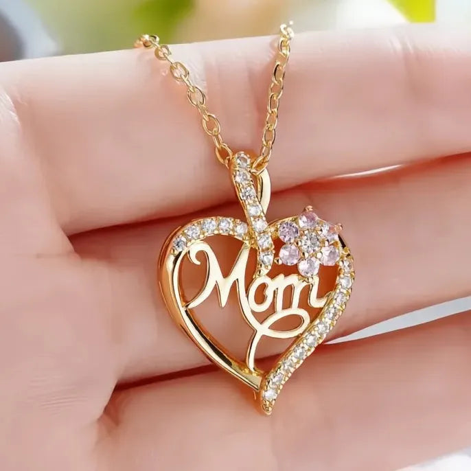 Mother's Day Pendant Necklace for Mom Copper Alloy Pink Flower CZ Jewelry