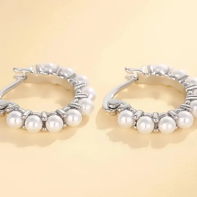 Elegant Geometric Simulated Pearl Hoop Earrings for Women Silver Color Brass Alloy Jewelry