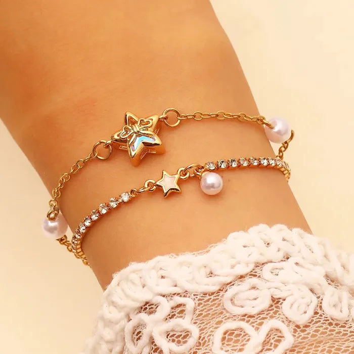 Zinc Alloy Star Zircon Stud Earrings with Bow Pearl Necklace & Bracelet Set