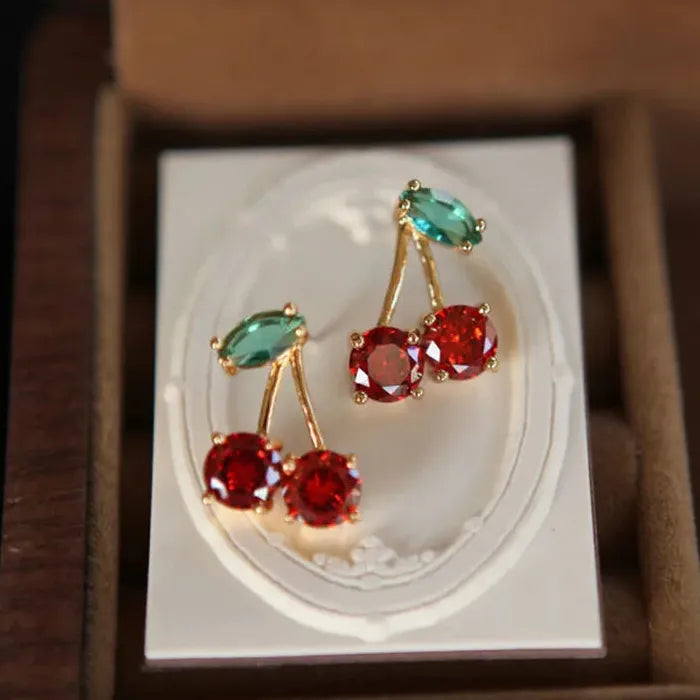 Red Zircon Fruit Leaf Stud Earrings Zinc Alloy Crystal Jewelry Gift