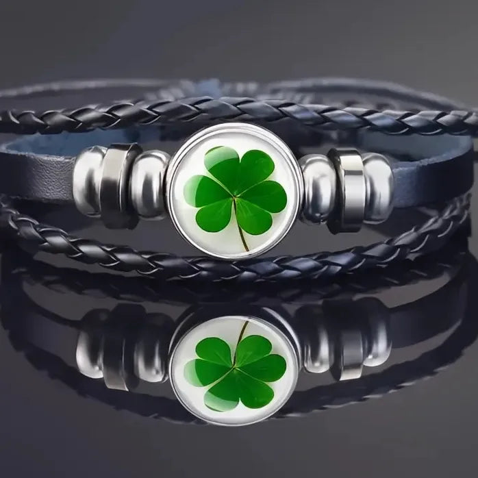 Adjustable Leather Bracelet with Lucky Clover Glass Snap Button Charm Unisex