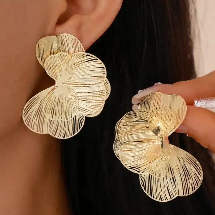 Elegant Multi Layer Metal Petal Flower Stud Earrings for Women Nature Jewelry