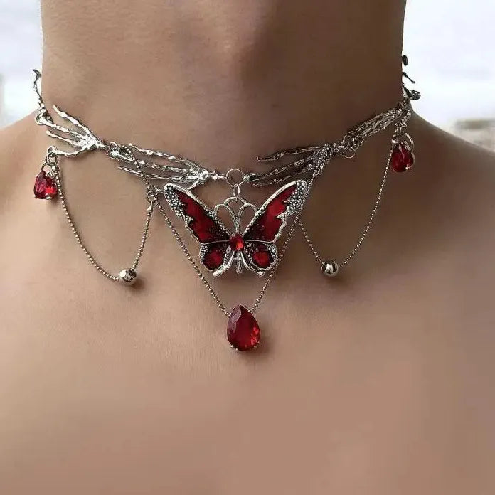 Gothic Red Crystal Butterfly Pendant Silver Ghost Claw Short Choker Necklace Women Jewelry