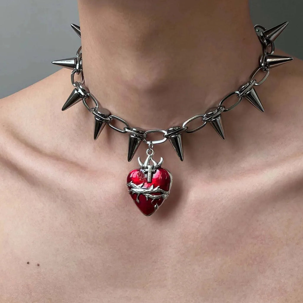 Punk Gothic Red Heart Pendant Necklace Metal Rivet Spike Choker Unisex