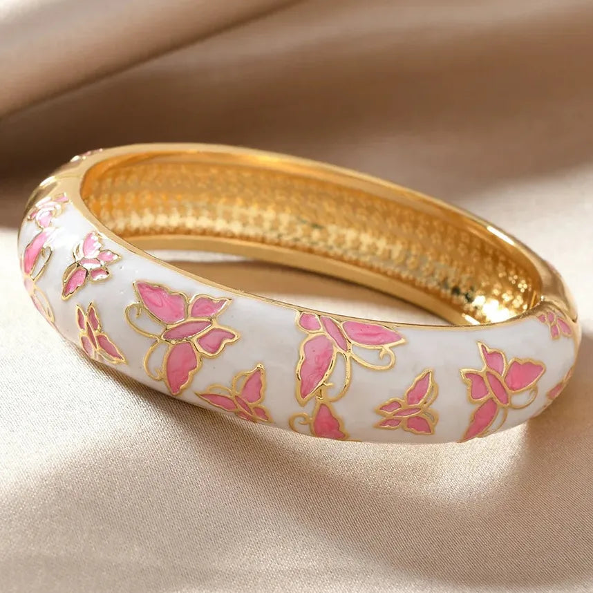 Multicolor Drip Enamel Wide Thick Openable Butterfly Bangle Bracelet Women