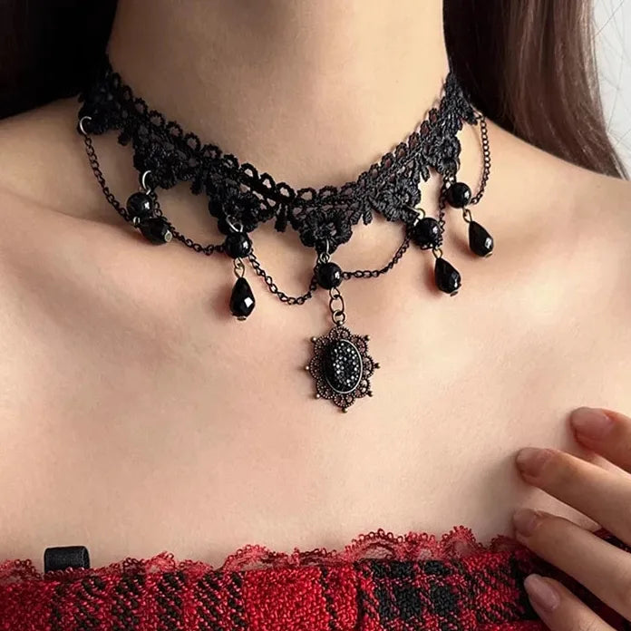 Black Lace Crystal Pendant Necklace Gothic Punk for Women Teens Gift