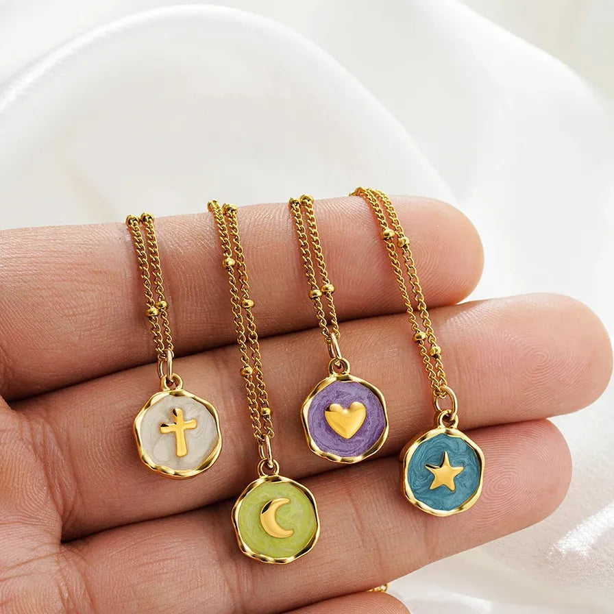 Stainless Steel Geometric Pendant Necklace Star Cross Heart Moon Choker Women Jewelry