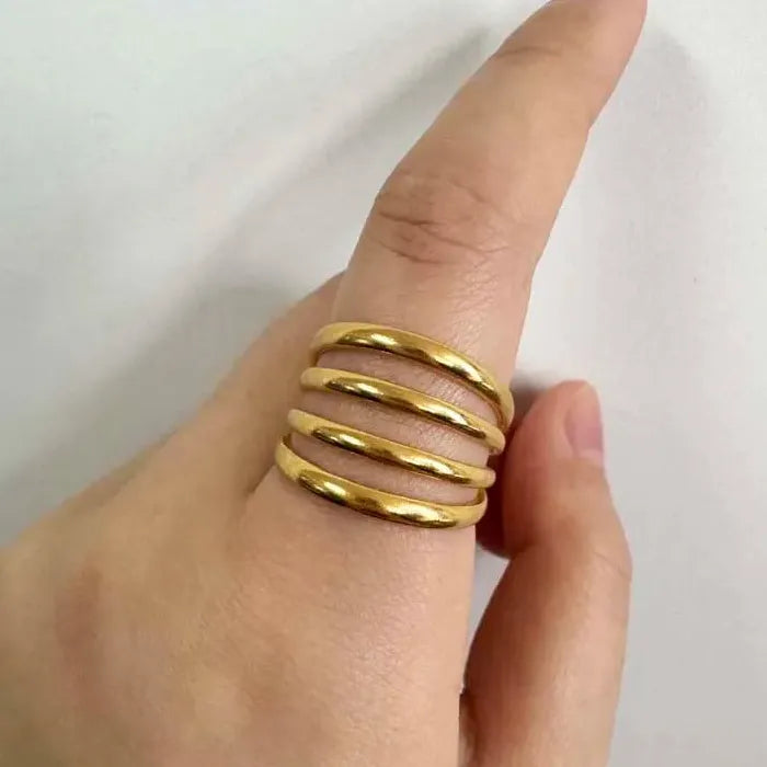 Stainless Steel Leaf Geometric Multi-Layer Open Cocktail Ring for Women Jewelry