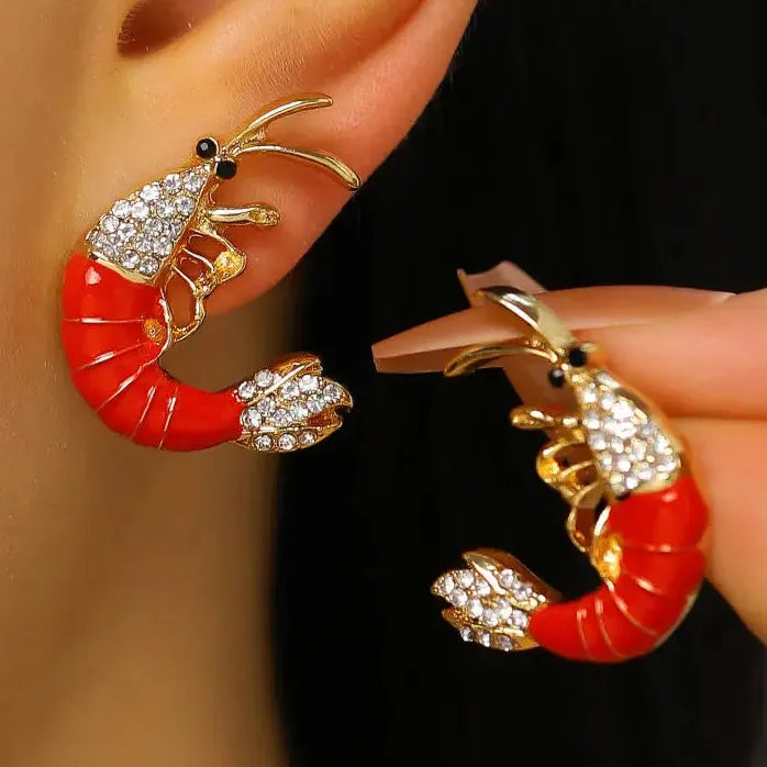 Vintage Red Drip Oil Lobster Zircon Drop Earrings Women Ocean Jewelry