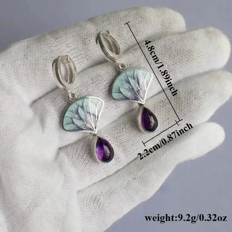 Geometric Flower Pendant Drop Earrings for Women Retro Silver Copper Metal Purple Resin