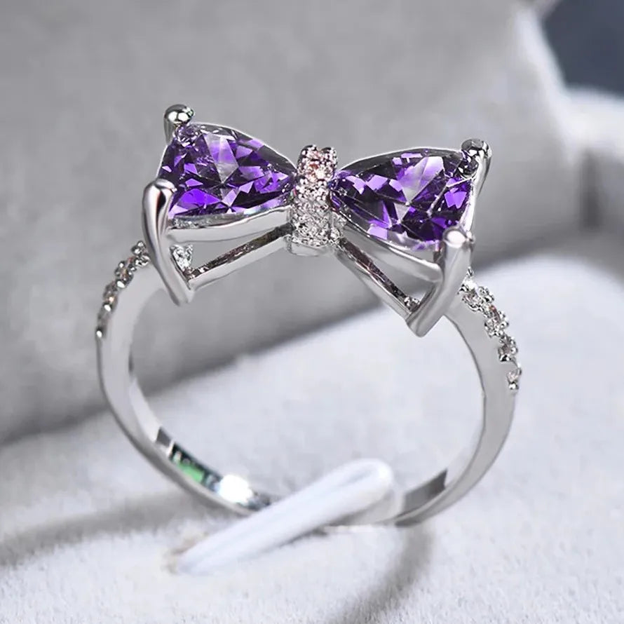 Purple CZ Bow Ring for Women Zinc Alloy Wedding Party Fashion Jewelry Gift