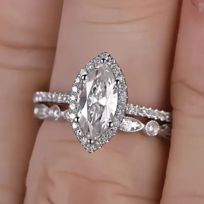 2Pcs Women’s Marquise Cubic Zirconia Wedding Party Rings Set Brass 2023