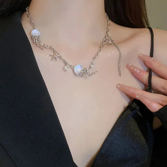 Silver Moonstone Starfish Jellyfish Pendant Necklace Women Vintage Tassel Jewelry