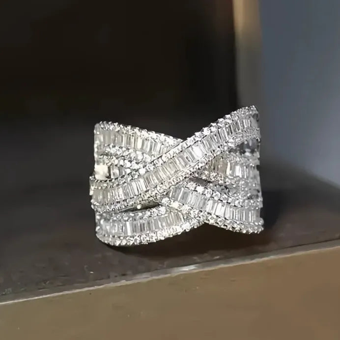 Brass Cubic Zirconia Cross Wedding Band Ring for Women Stylish Jewelry