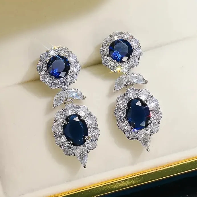Blue Geometric Cubic Zirconia Drop Earrings for Women Wedding Jewelry
