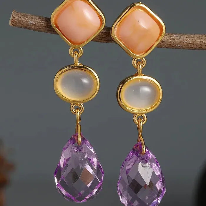 Elegant Purple Synthetic Crystal Geometric Pendant Drop Earrings Zinc Alloy Gemstone