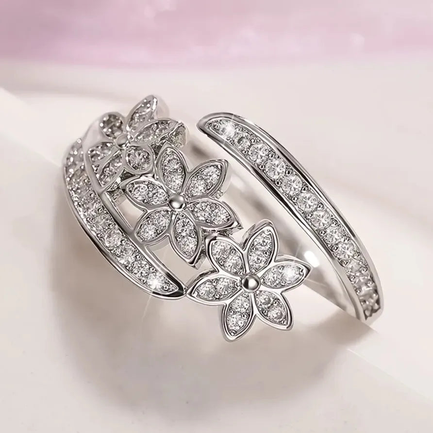 Geometric Crystal Flower Opening Ring Silver Plated Party Jewelry for Women