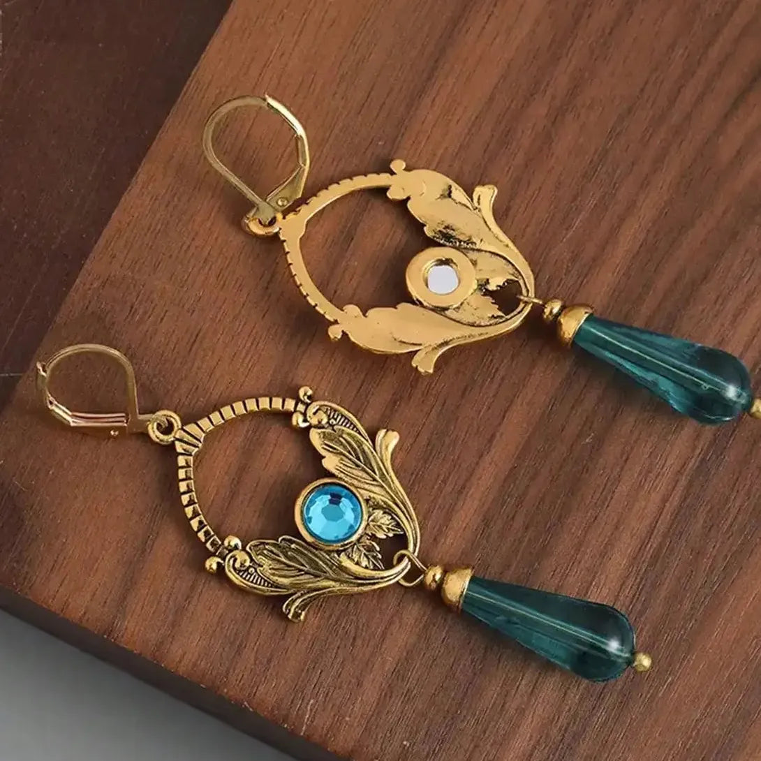 Vintage Bohemian Blue Gemstone Pendant Earrings for Women Ethnic Zinc Alloy Jewelry