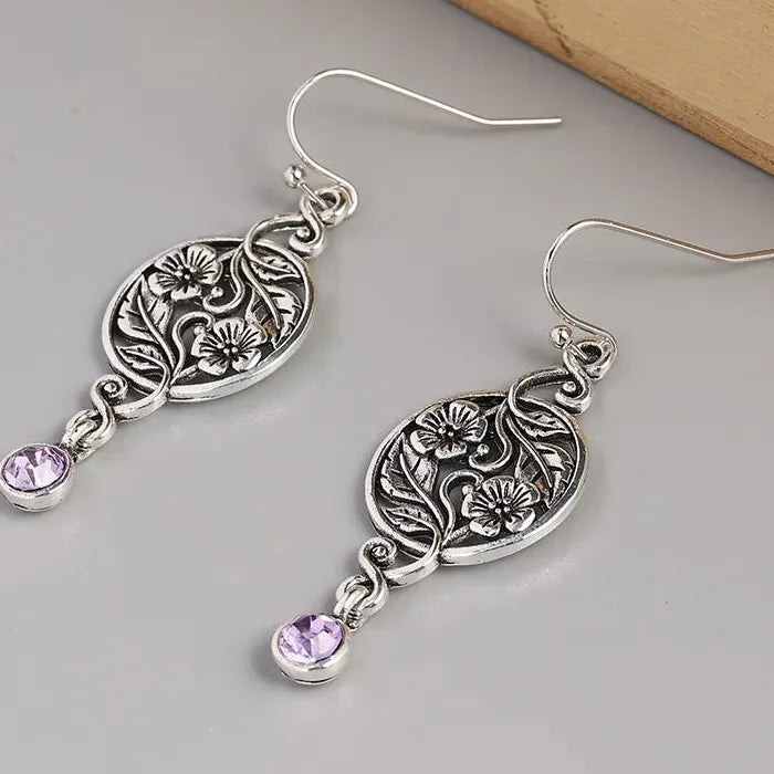 Vintage Purple Amethyst Hollow Round Leaves Dangle Earrings Zinc Alloy Boho Jewelry