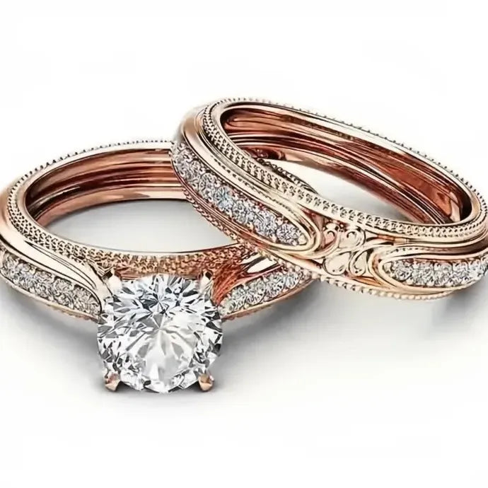 2Pcs Bridal Wedding Rings Set Cubic Zirconia Brass Jewelry Delicate