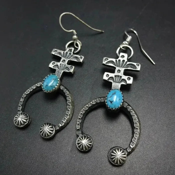 Vintage Indian Tribe Women's Ethnic Imitation Turquoise Long Metal Drop Earrings