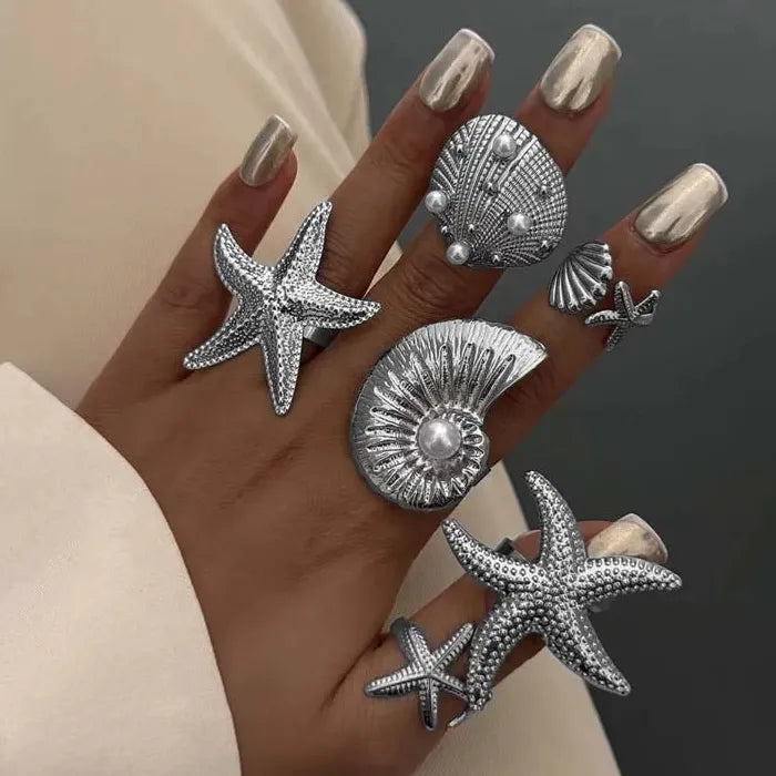 6Pcs Vintage Gold Starfish Pearl Knuckle Rings Set for Women Jewelry