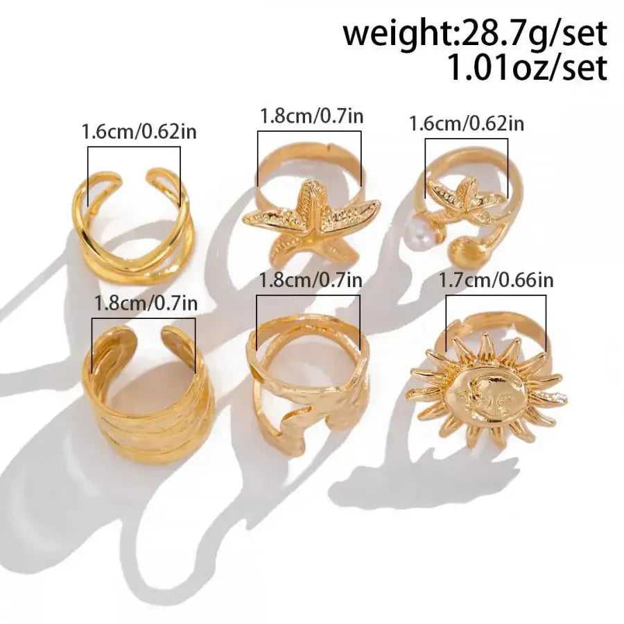 6Pcs Starfish Open Rings Punk Jewelry for Women Men Vintage Fashion Accessory