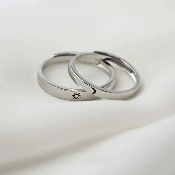 2Pcs Adjustable Silver Sun Moon Couple Heart Rings Set Gift Jewelry