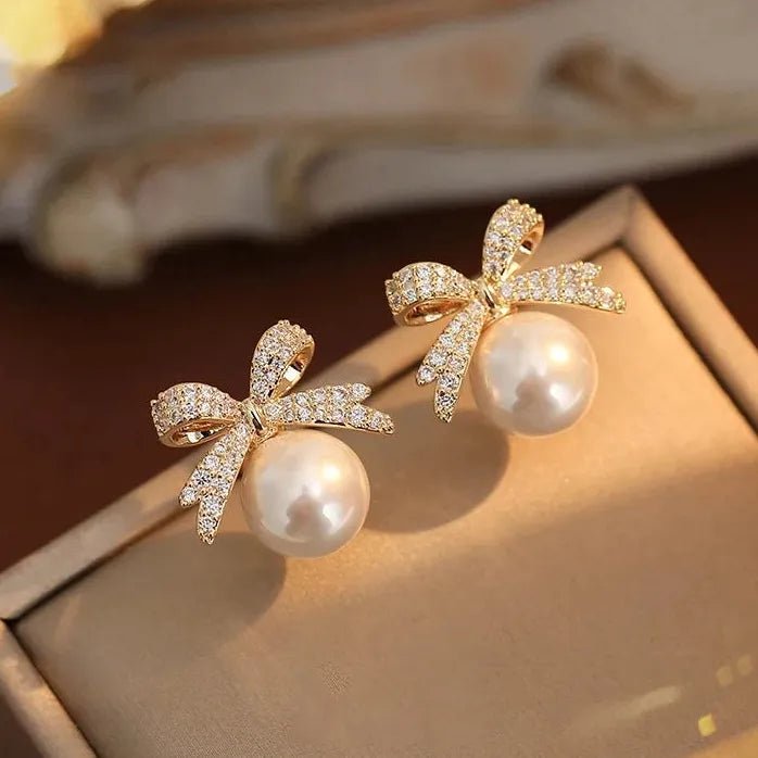 French Elegant Copper Alloy Bowknot Pearl Pendant Drop Earrings 2024 Jewelry Women