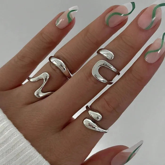 4Pcs Adjustable Vintage Geometric Metal Ring Set for Women Hip Hop Jewelry