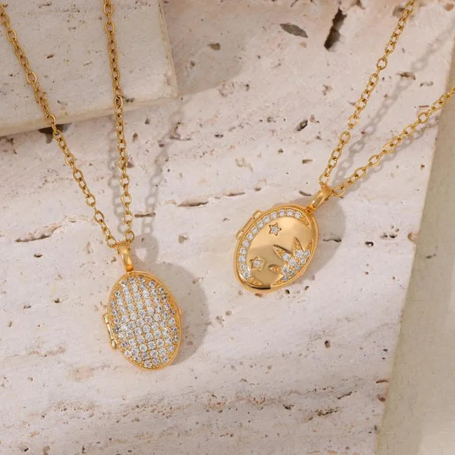 Openable Oval Zircon Photo Frame Pendant Necklace 18K Gold Plated Choker Jewelry