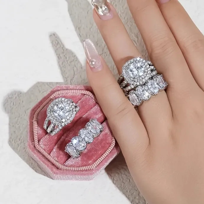 2Pcs Women’s Wedding Rings Set Brass Cubic Zirconia Geometric Bridal Jewelry