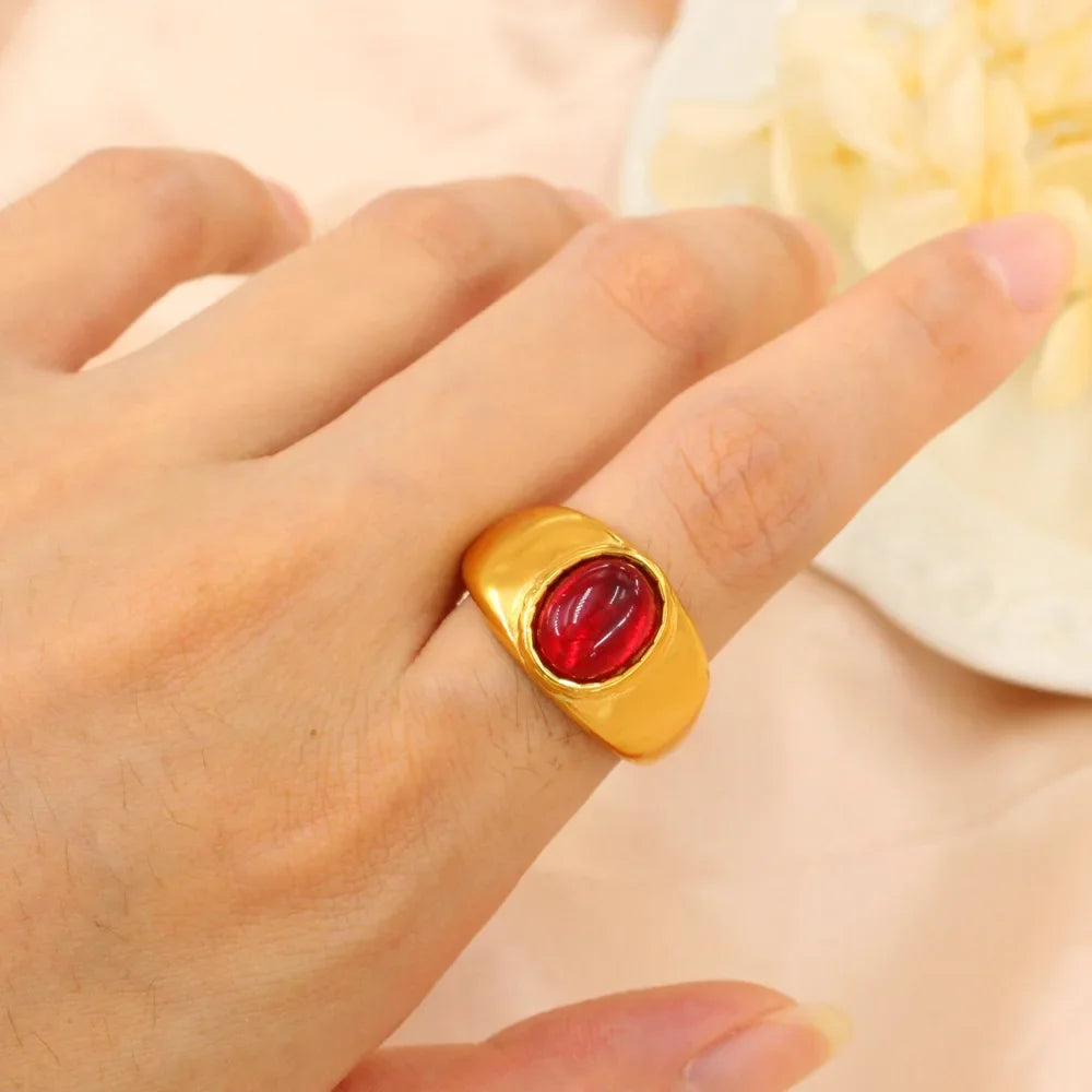 Minimalist Red Crystal Wide Thick Wedding Ring for Women Stainless Steel Gold Engagement Jewelry