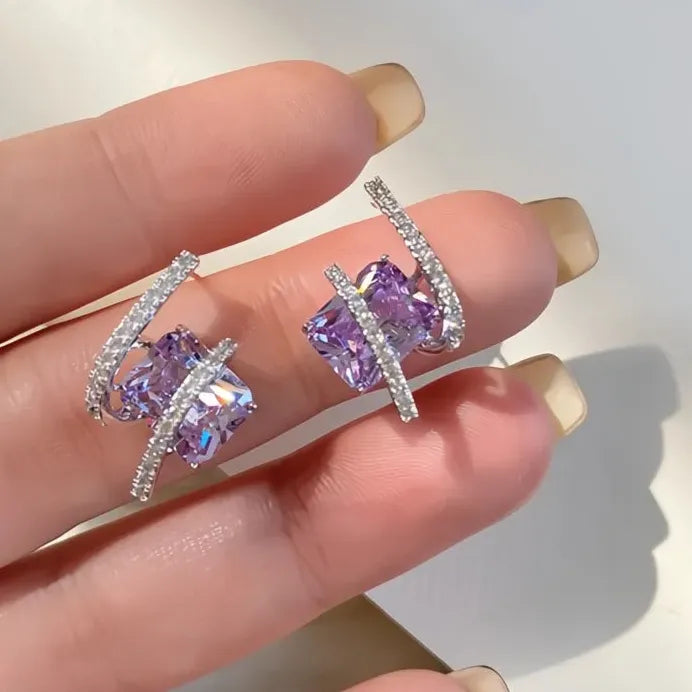 Purple Geometric Cubic Zirconia Stud Earrings for Women Bridal 2023