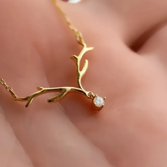 Women’s Elk Antler Pendant Necklace with Sparkling Cubic Zirconia Charm