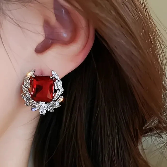 Bright Red Geometric Cubic Zirconia Crystal Stud Earrings for Women Copper Alloy