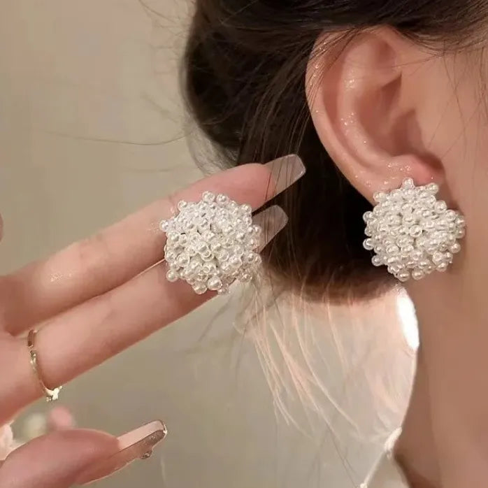 Imitation Pearl Hoop Earrings for Women Girls Hollow Flower Basket Design