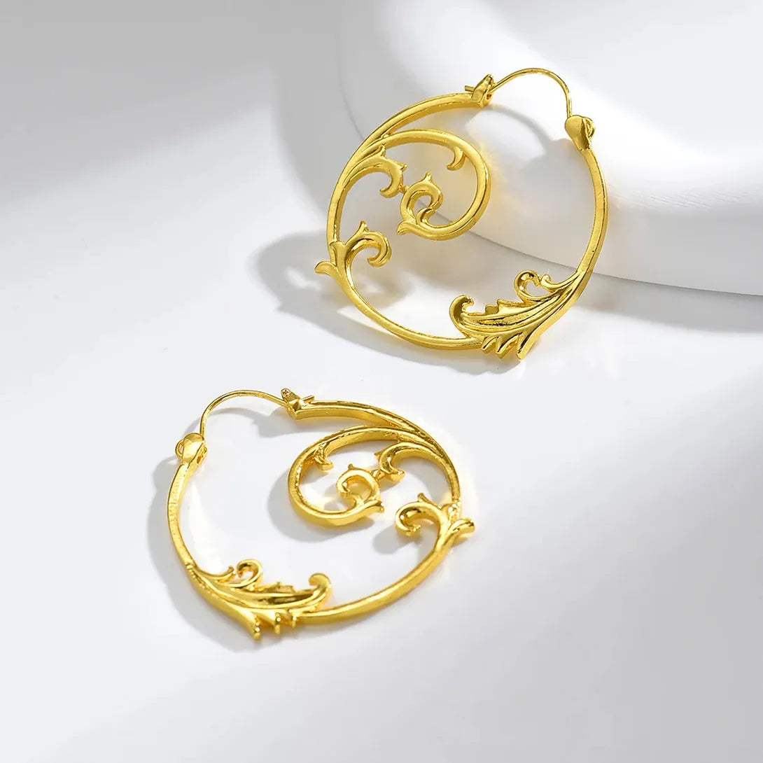 Vintage Silver Copper Metal Carved Geometric Spiral Drop Earrings Women